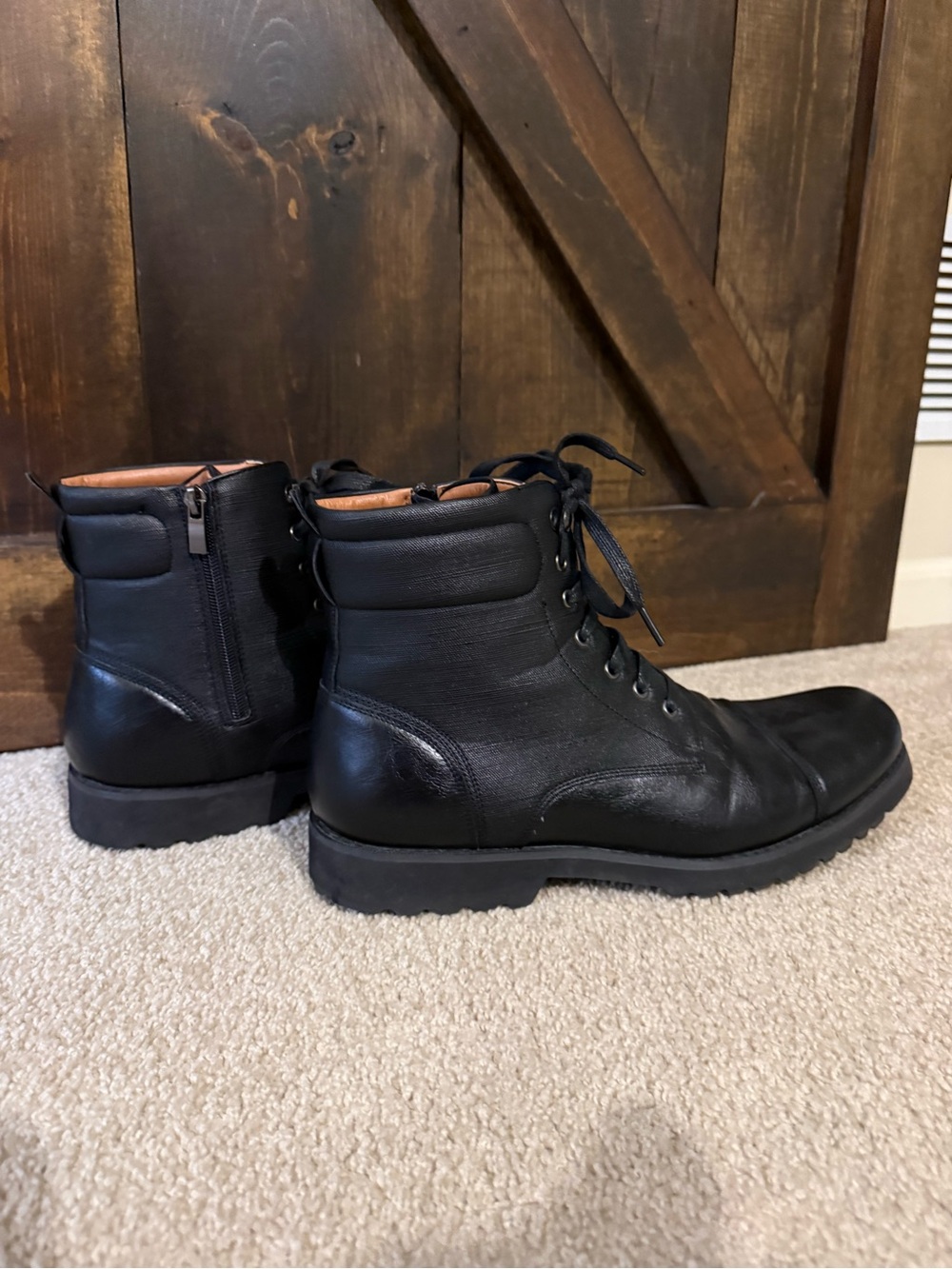 Sea Black Leather Lace-Up Ankle Boots with Side Zipper